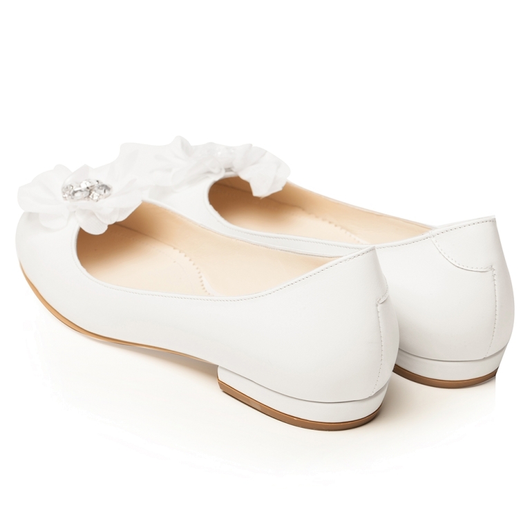White bridal flats with satin flower and crystals Alice