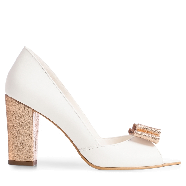 Whit bridal shoes with block heel and bow Peep Toe