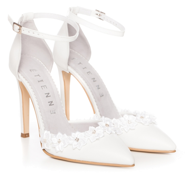 White bridal sandals with ankle strap Chloe Flower