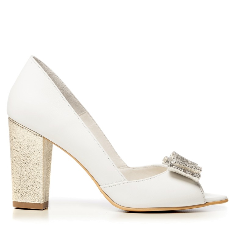 White bridal shoes with gold block heel Peep Toe