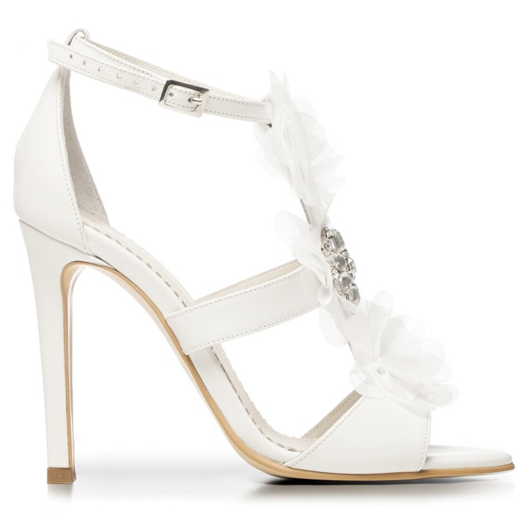 White bridal sandals with satin flower and crystals Bianca